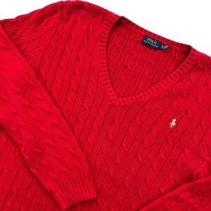 Polo Ralph Lauren Cable Knit Sweater Women XL Red V-Neck Cotton Preppy Fisherman